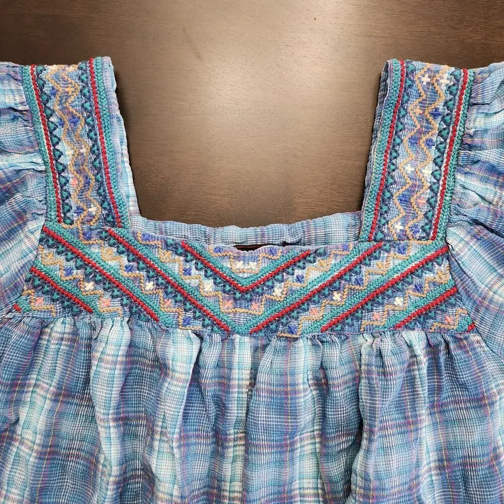 Johnny Was Aimee Puff Sleeve Floral Embroidered Tartan Plaid Peasant Top SzSmall